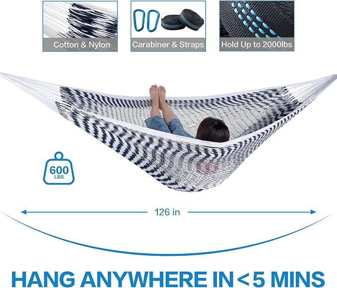 PNAEUT Handwoven Mayan Hammock, Thick Soft Rope Double Hammock for Outdoor Outside & Indoor, 600 lbs Capacity Heavy-Duty, Includes Tree Straps, Carabiners & Carrying Bag (Chasm, X-Large) - Image 3