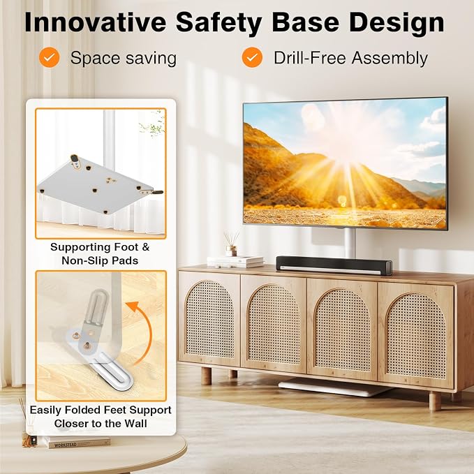 TVON Floor TV Stand with Mount for Most 32-60 Inch TVs up to 88lbs, Height Adjustable TV Floor Stand with Wood Base for Space Saving, Tall Floor TV Stand for Bedroom, Corner & Living Room, White - Image 4