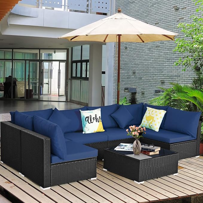 Tangkula 7 Piece Patio Furniture Set, Outdoor Sectional Sofa with 2 Pillows and Cushion Covers, Wicker Sofa Conversation Set with Coffee Table & Tempered Glass Top (Off White & Navy)