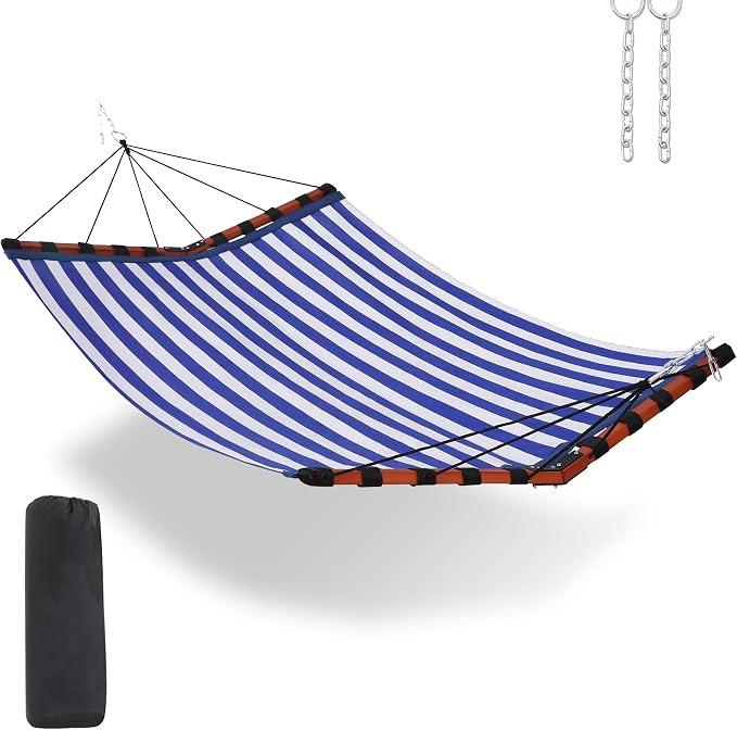 TegerDeger 12FT 2 Person Hammock Large Hammock Quick Dry 450LB Capacity with V Shaped Hardwood Spreader Bar & Nylon Rope for Outside, Patio, Garden, Backyard, Beach, Poolside - Blue Stripes by Tegerdeger