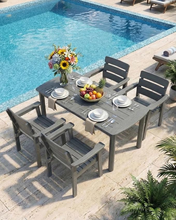 Outdoor Rectangle Dining Table with Rounded Edge, 67" All-Weather HIPS Patio Table for 6, Outdoor Furniture with Umbrella Hole, Ideal for Garden, Poolside, Backyard, Deck, Dark Gray - Image 6