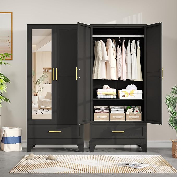 Metal Wardrobe Storage Cabinet with Mirror and Hanging Rod,71'' Metal Clothing Cabinet with 2 Doors and Drawer for Bedroom, Laundry Room, Cloak Room (Black)