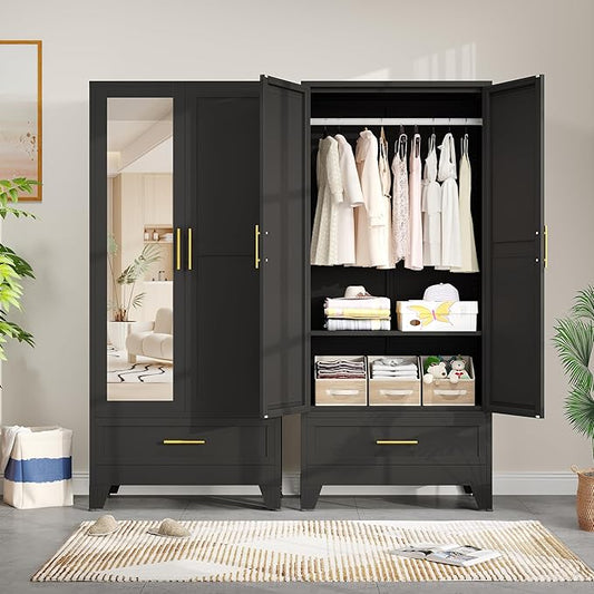 Metal Wardrobe Storage Cabinet with Mirror and Hanging Rod,71'' Metal Clothing Cabinet with 2 Doors and Drawer for Bedroom, Laundry Room, Cloak Room (Black)