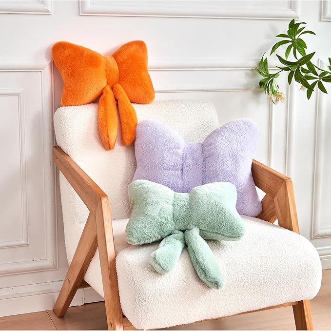 XVTRU Sage Green Bow Pillow, Soft Bow Decorative Pillows with Faux Rabbit Fur, Cute 16" Bow Throw Pillows, Aesthetic Home Decor Bow Shaped Plush Pillow for Bedroom Sofa Couch