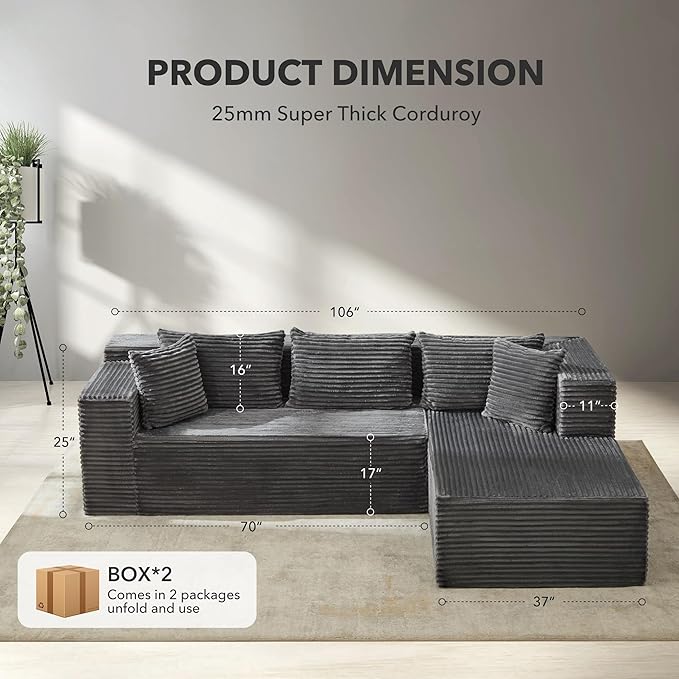 106” Modular Sectional Sofa, Cloud Sectional Couch with Deep Seat, Modern Modular L-Shape Sofa Couch with Chaise,Upholstered Couches for Living Room Bedroom No Assembly Required