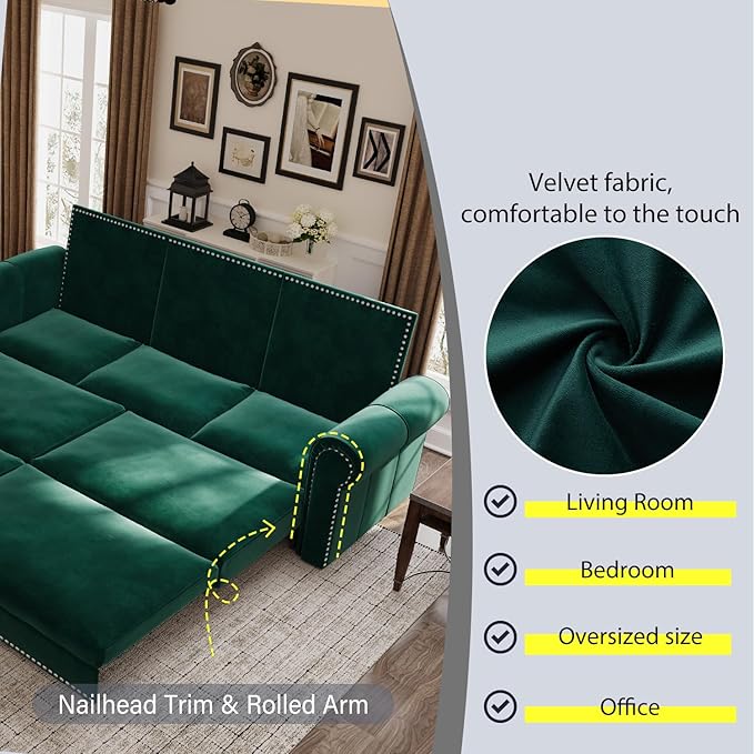 Eafurn 93.7" King Size Pull Out Sofa Bed, 3-in-1 Convertible Sleeper Sofa Couch Bed with Nailhead Decor and Rolled Arms, Velvet Oversized Chesterfield Loveseat Chaise Lounge
