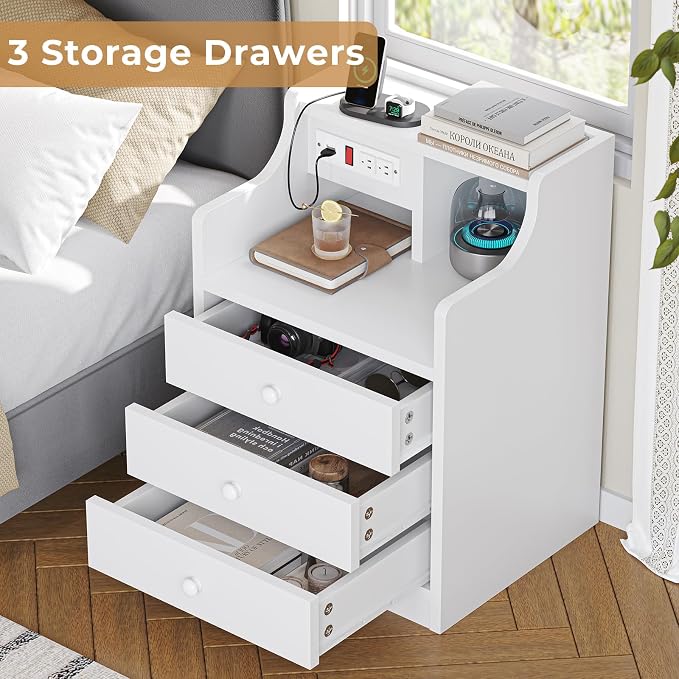 ADORNEVE Night Stand Set 2,White Nightstand with Charging Station & Hutch,Night Stands for Bedrooms Set of 2,Bedside Table with Drawers - Image 8