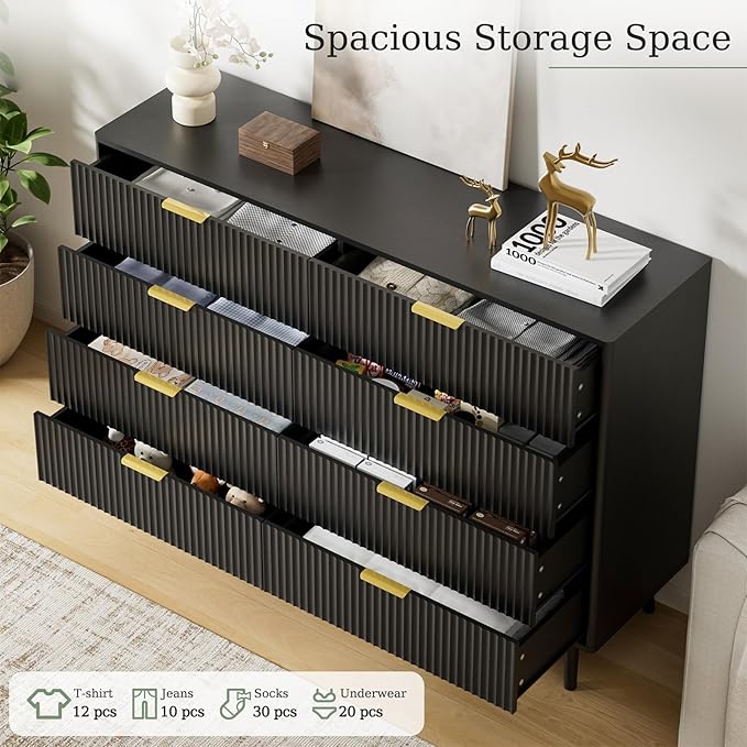 LYNSOM Fluted Dresser and Nightstand Sets 3 Piece, 8-Drawers Dresser and 1-Drawer Nightstands Set of 2, Wood Bedroom Furniture Set for Home, Bedroom, Hallway, Black