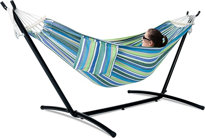 GAFETE Double Hammock with Stand for Outside, Upgraded Spreader Bar, Heavy Duty Space Saving Steel Stand 2 Person, Convenient Pocket, Easy Assembly, 600lbs Weight Capacity, Indoor & Outdoor (Garden) by GafeteOutdoorLiving