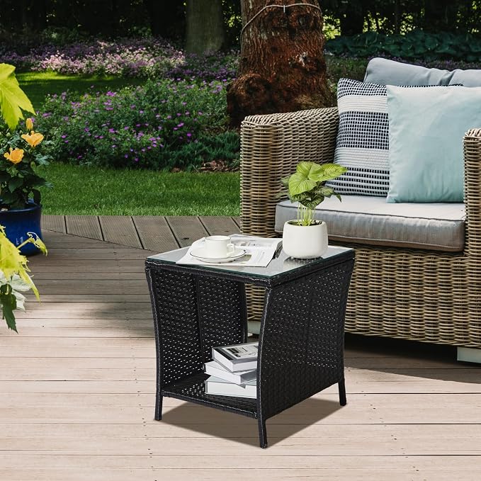 VINGLI Outdoor Wicker Side Table Patio Side Tables for Outside, Tempered Glass Top Wicker Table with Storage End Table for Balcony Porch Deck (Black) - Image 2