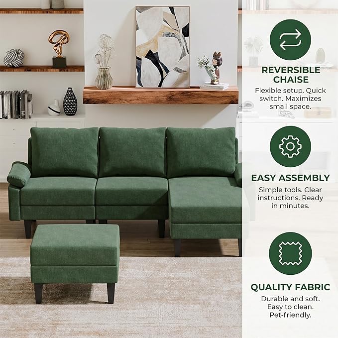 4-Seat U-Shaped Modular Sofa with Double Storage Ottoman - Space-Saving Convertible Lounge Couch for Home & Office, Green