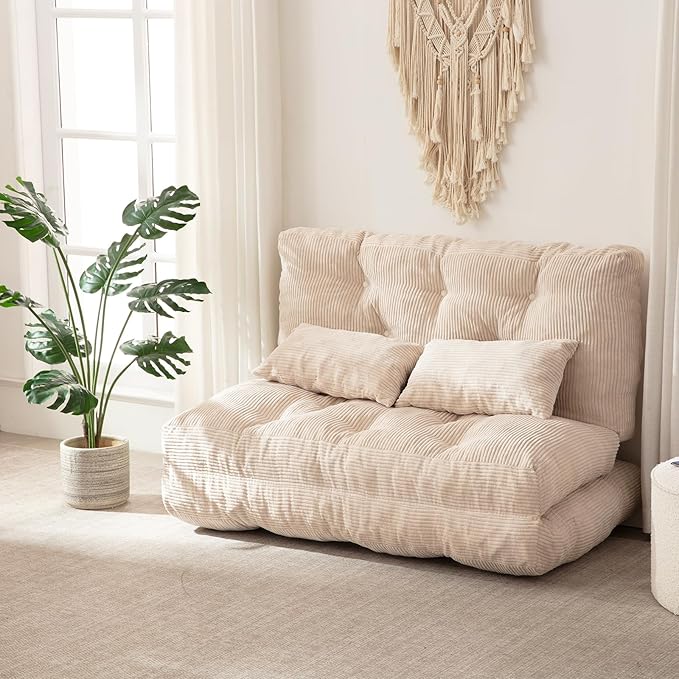 Folding Sofa Bed, Convertible Sleeper Chair with Pillow Foldable Mattress with Back Support, Portable Fold Out Chair Bed Comfy Floor Sofa Lounge for Living Room Bedroom, Beige Full 80x54 Inch
