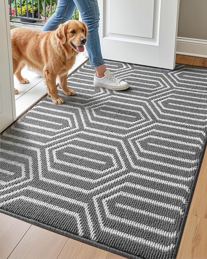 DEXI Front Door Mats for Entryway, 3x5 Non Slip Washable Low-Profile Entry Doormat, Absorbent Resist Dirt Inside Floor Entrance Mat, Patio, Grey by DEXI