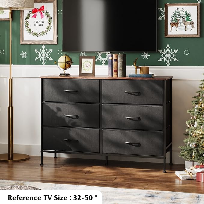 WLIVE Black Dresser for Bedroom with 6 Drawers, Dresser TV Stand for 50 Inches TV with Metal Frame, Wooden Top, Fabric Dresser for Closet, Hallway, Entryway, Black and Rustic Brown - Image 2