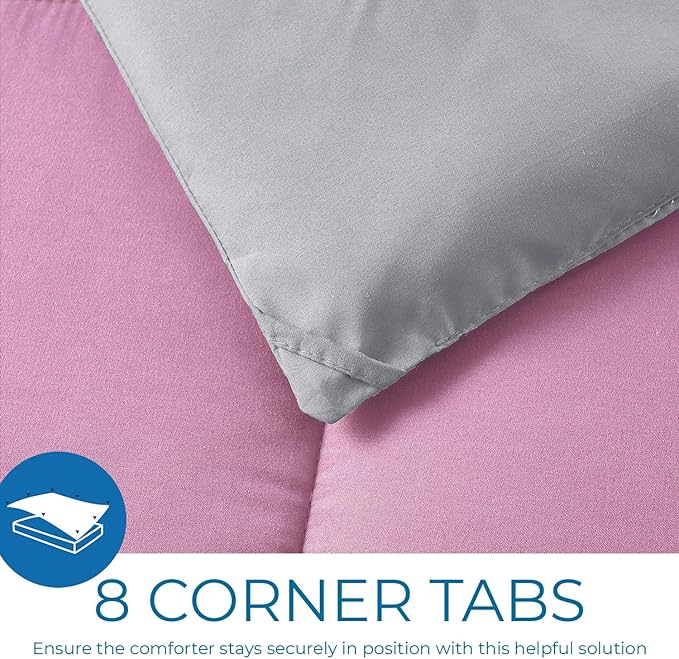 Nestl 3 Piece Quilted Down Alternative Comforter Full Size With 2 Pillow Shams - All Season Pink/Light Grey Duvet Insert With Corner Tabs