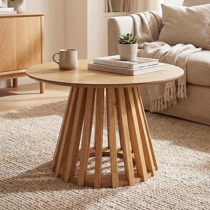 DUOMAY Modern Round Coffee Table with Unique Geometric Base, Sleek White Wood Accent Table for Living Room Office Lounge, Natural Wood Color