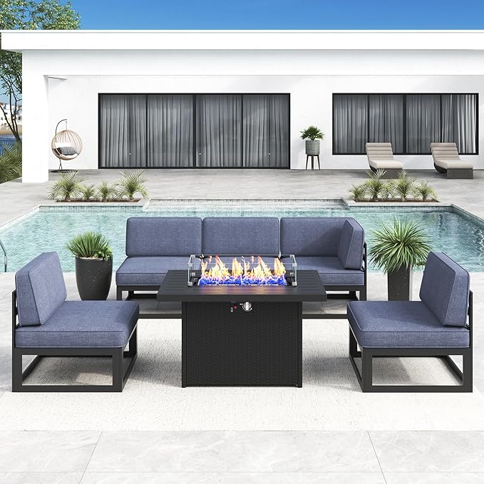 LayinSun Large Aluminum Patio Furniture Set with Fire Pit Table, 6 Pieces Modern Outdoor Conversation Set Sectional Metal Sofa Set with Olefin Cushion