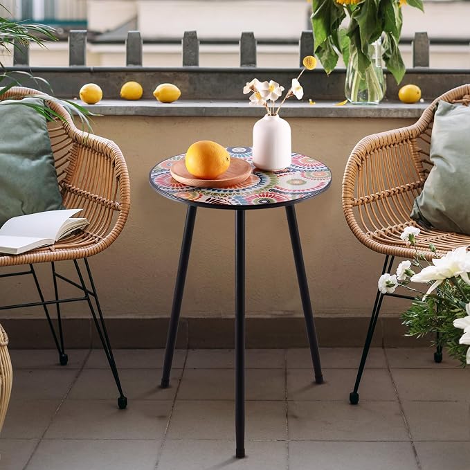 Party Zealot Metal Mosaic Round Side Table Set of Two 13.4" Small Outdoor Patio Round Accent Coffee Tables Indoor Corner Stand for Small Space Weather-Resistant for Balcony Plant Stand - Image 2