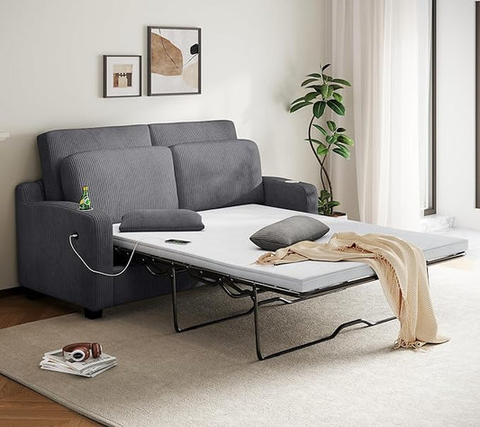 LINSY HOME Pull Out Sofa Bed - Convertible Loveseat Sleeper Sofa, Upgraded Bed Frame Pullout Couch - USB Charging & Cup Holders, Corduroy Sofa Bed for Living Room Small Space, Queen Size (Grey)