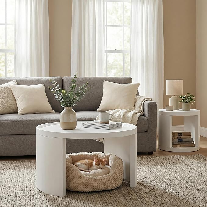 Round Nesting Coffee Table Set of 2, White Coffee Table, 31.5" Large & 18" Small Low Tables with Wood Top, Center Table for Living Room, Bedroom, Minimalist Center Table Set