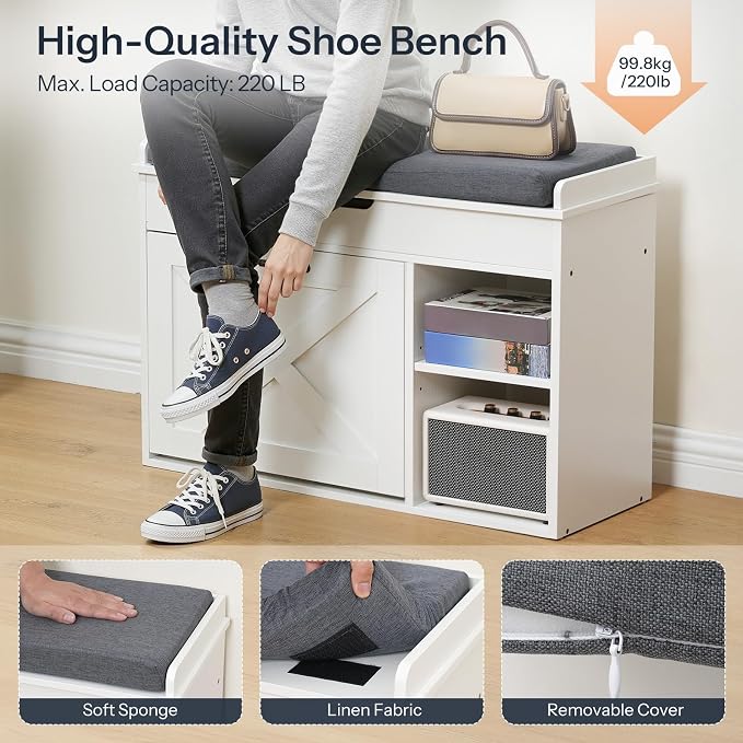 HOOBRO Shoe Storage Bench with Cushion, Modern Entryway Bench with Flip Drawer and Hidden Top Compartment, Shoe Cabinet with Seat and Adjustable Shelves for Hallway, 31.5" L, White and Gray, WG55HX01 - Image 4