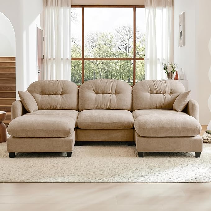 KEIKI 107" U-Shaped Oversized Chenille Modular Sectional Sofa with 2 Ottoman, High-Density Foam Cushions, Tufted Pleated Cushion Backrest, Modern 3-Seater Couch with 2 Pillow, for Living Room, Camel