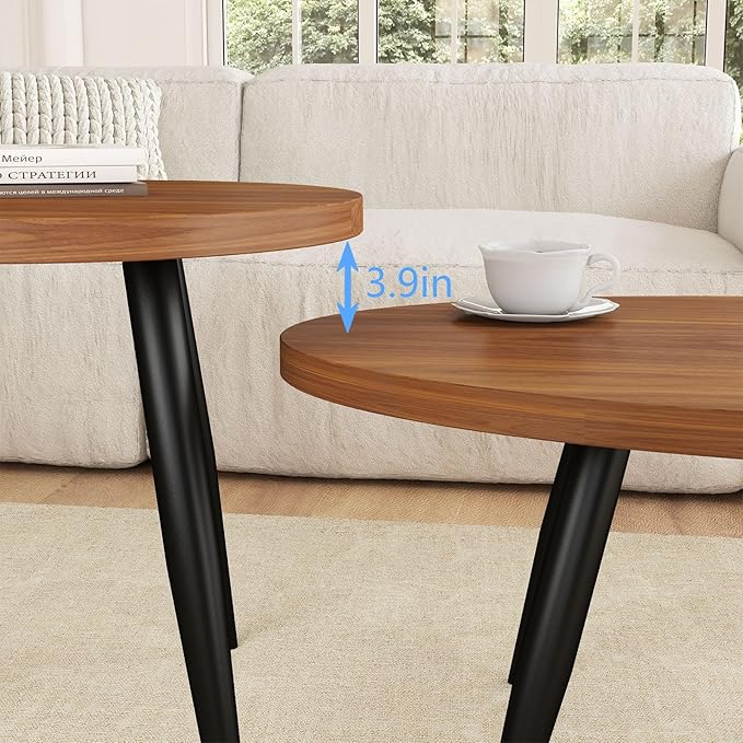2-Piece Nesting Coffee Table Set, Oval & Round Mid-Century Modern Side Tables with MDF Tabletop & Metal Tapered Legs, Accent Table Set for Living Room, Small Spaces (Walnut)