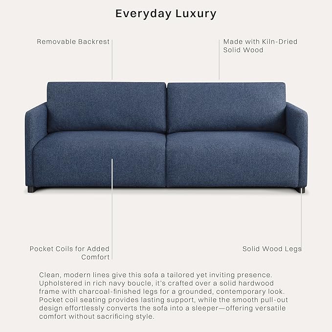 Serta® Vail 86" Convertible Sleeper Sofa, Queen Size, Wall-Hugging Dreamglide Mechanism, Dreamcoil Comfort, Boucle Fabric, Navy Blue