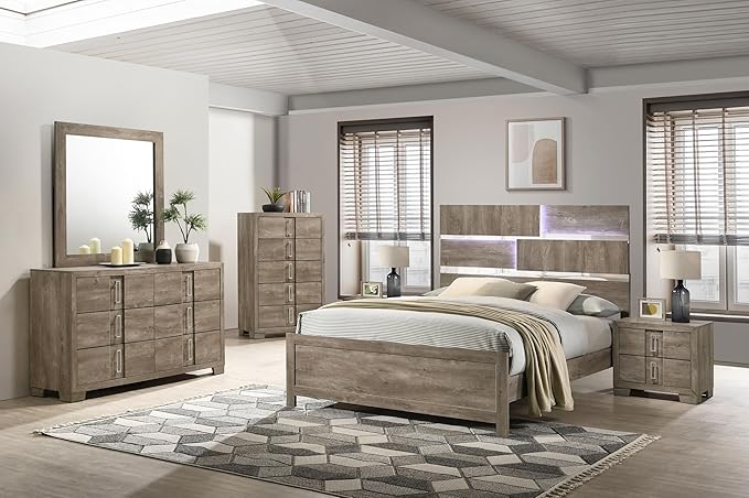 Kings Brand Furniture Dawson Modern 6-Piece Queen Size Farmhouse Style Bedroom Set in Light Brown Finish - Bed with LED Lights, Dresser, Mirror, Chest & 2 Nightstands