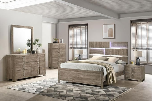 Kings Brand Furniture Dawson Modern 6-Piece Queen Size Farmhouse Style Bedroom Set in Light Brown Finish - Bed with LED Lights, Dresser, Mirror, Chest & 2 Nightstands