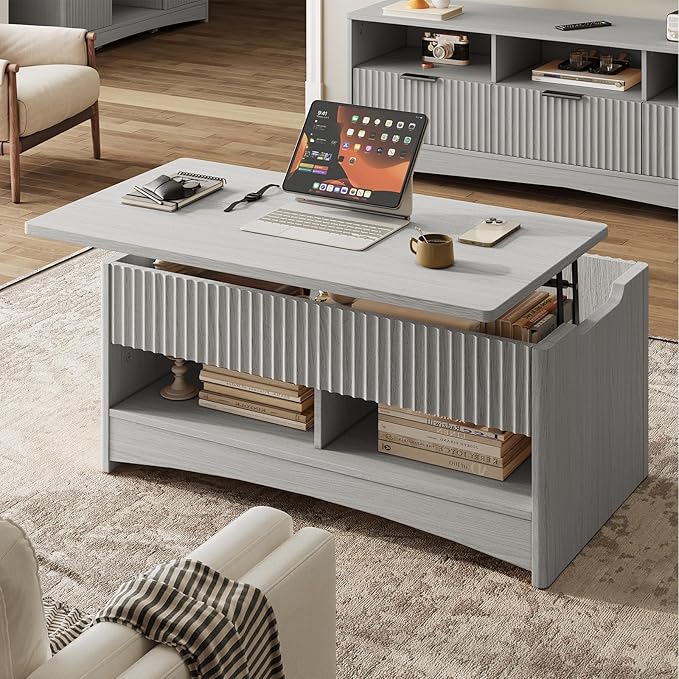 Amada Lift Top Coffee Table with Living Room, Modern Fluted Coffee Table with Drawers & Hidden Compartment, Coffee Tables for Living Room, Small Spaces, Grey