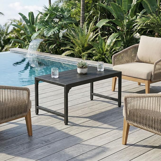 ODK Outdoor Coffee Table, Rectangle Weather-Resistant Patio Coffee Table for Garden, Balcony, Hot Tub, Poolside, Heavy-Duty Metal Frame, Black - Image 2