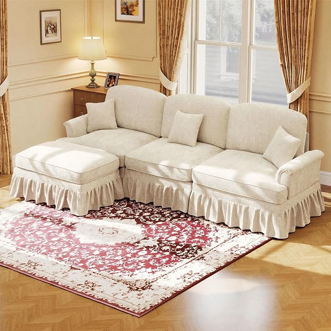 Rovibek 107” L Shaped Couch, Chenille Midcentury Modern Sofa with Detachable Ruffle Hem, Sectional Couches for Living Room with Throw Pillows & Ottoman, White