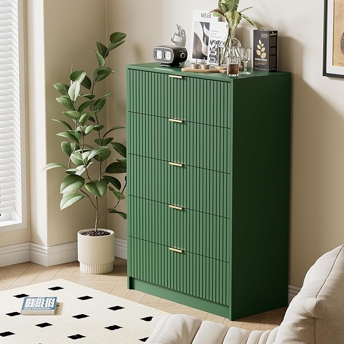 Furniway Green Dresser Bedroom Set 3 Pieces, Nightstands Sets of 2, 5 Drawer Dresser with Gold Handles for Bedroom