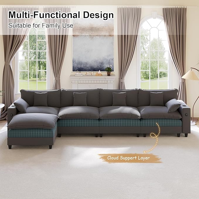 152" Modular Sectional Sofa, L Shaped Cloud Couch with Movable Ottoman, Chenille Deep Seat Cloud Sofa with Charging Station, Cup Holder, Side Pocket, Sectional Couches for Living Room, Grey
