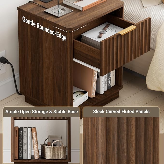 Fluted Nightstand, Night Stand Set 2, Walnut Nightstands Set of 2 with Charging Station, End Table with Drawer & Open Shelf, Modern Bedside Table for Bedroom Sofa Home Office,Curved Corners - Image 5