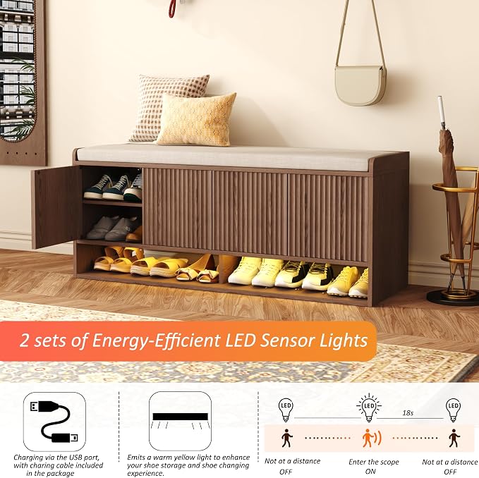 HOMEFORT 47.2" Fluted Shoe Storage Bench, Entryway Bench with Linen Seat Cushion, Shoe Cabinet Bench with Adjustable Shelf and Built-in LED Sensor Light, Bench for Bedroom End of Bed, Walnut - Image 5