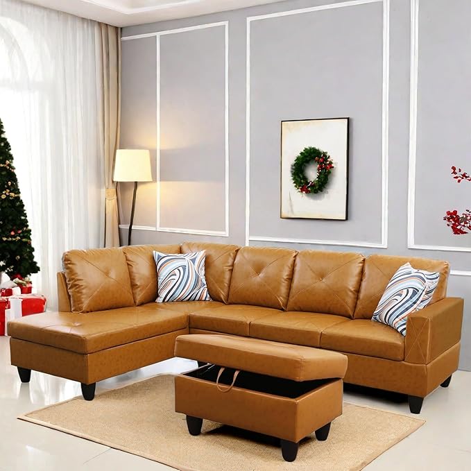 FONTOI L Shaped Sectional Couch with Otttoman, 97" Leather Sectional Sofa for Living Room Modular Couches with Cup Holders for Bedroom, Apartments, Ginger