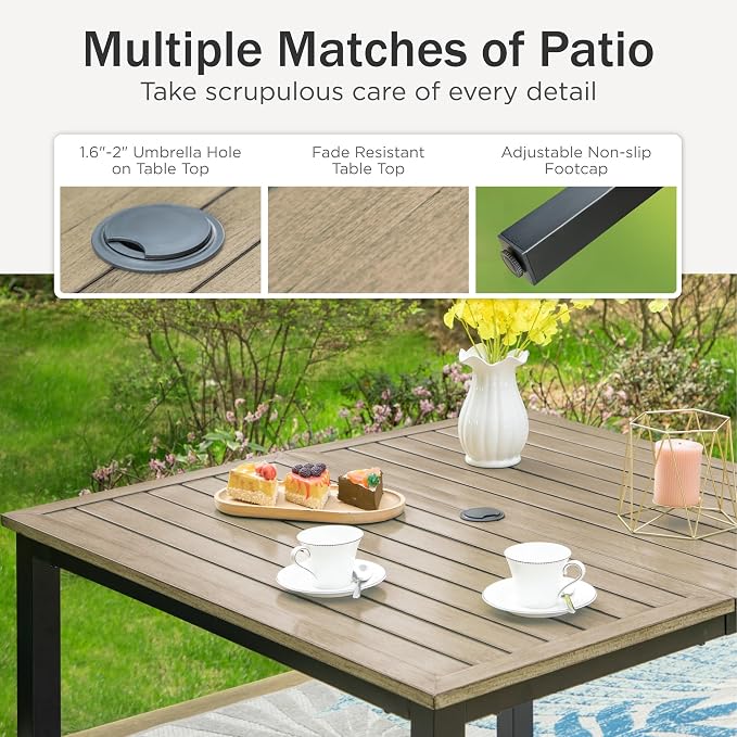 PHI VILLA 5 PCS Patio Dining Set, 4 Patio Swivel Dining Chairs & Square Brown Metal Slat Table Top with 1.57" Umbrella Hole, Outdoor Table and Chairs for All Weahter - Image 5