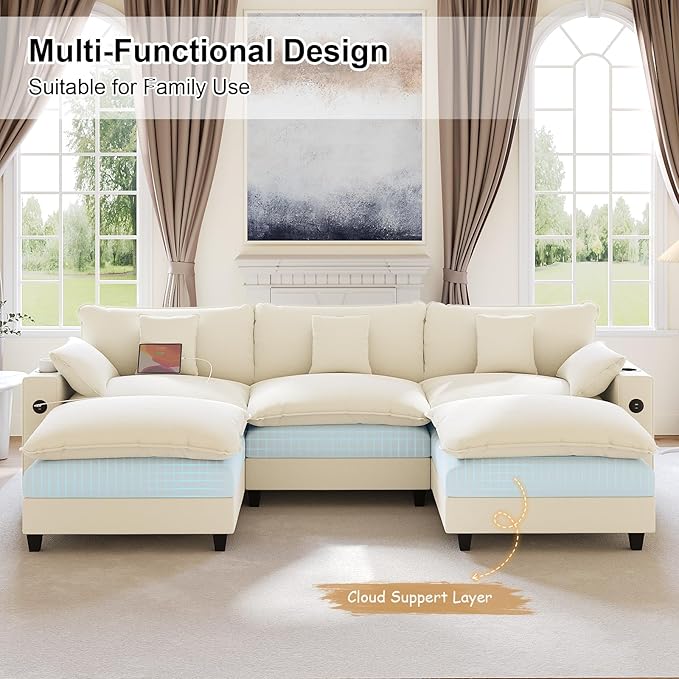 116" Modular Sectional Sofa, U Shaped Cloud Couch with Movable Ottoman, Chenille Deep Seat Cloud Sofa with Charging Station, Cup Holder, Side Pocket, Sectional Couches for Living Room, Beige