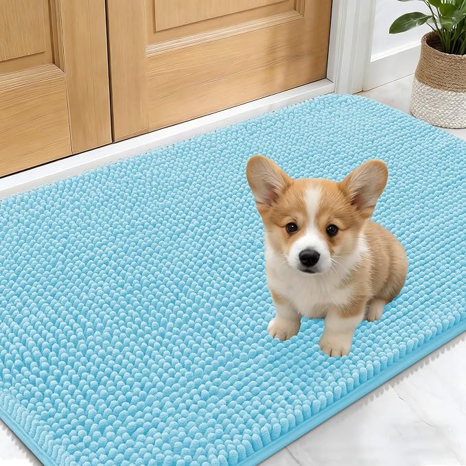 OLANLY Dog Door Mat for Muddy Paws 24x16, Absorbs Moisture and Dirt, Absorbent Non-Slip Washable Doormat, Quick Dry Chenille Mud Mat for Dogs, Entry Indoor Entryway Carpet for Inside Floor, Blue by OLANLY