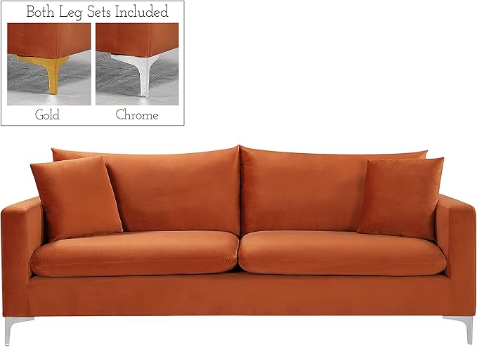 Meridian Furniture 633Cognac-S Naomi Collection Modern | Contemporary Velvet Upholstered Sofa with Deep Channel Tufting and Rich Gold Stainless Steel Legs, Cognac, 81.5" W x 33.5" D x 30" H