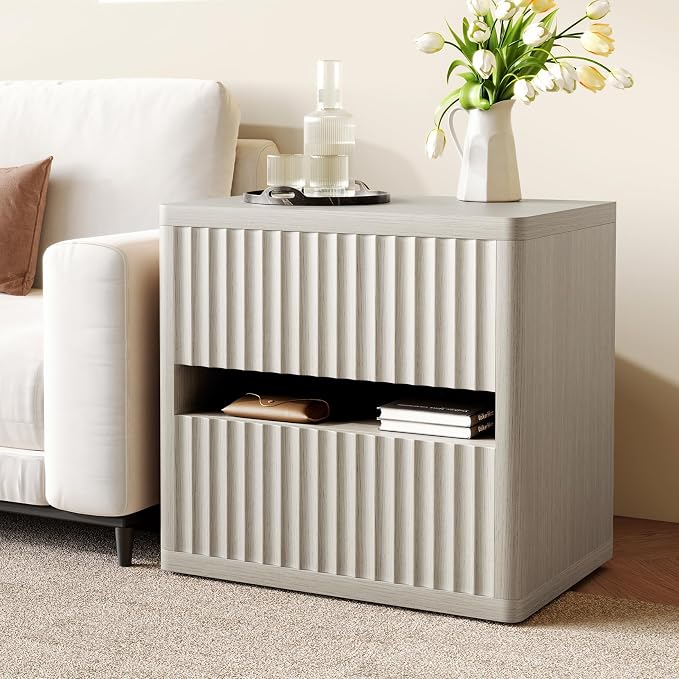 Dripex Fluted Nightstand with 2 Drawers, Large Wide Wood Night Stand Bedside Table for Bedroom, Mid-Century Modern Storage Bed Side Table, End Table for Living Room Sofa Couch, Gray Oak - Image 6