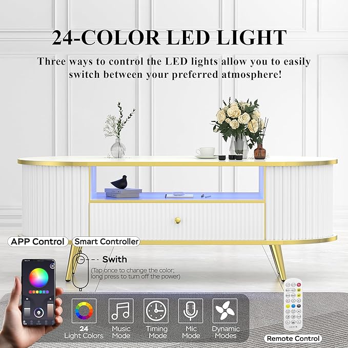 47" Fluted Coffee Table with LED Lights & Storage - Luxury Modern Oval Center Table for Living Room, Coffe Tables with Drawers, Curved Profile Design, Gold Metal Decor, White