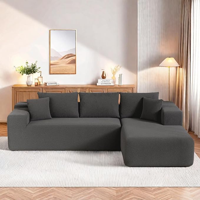 L-Shape Cloud Sectional Sofa, 104” Modern Modular Boneless Couch with Left Chaise Lounge, Compressed Floor Sofa with 5 Pillows & Deep Seat, Rain Drop Velvet Couch for Living Room, Dark Gray