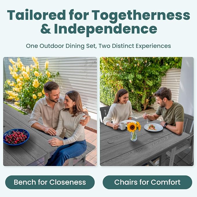 Pamapic 6 PCS Outdoor Dining Set, Spacious HDPE Outdoor Table with 4 Chairs and 1 Bench, Wood Grain Patio Furniture Sets with Elegant Armrest, All-Weather Patio Dining Table with Umbrella Hole, Gray - Image 3