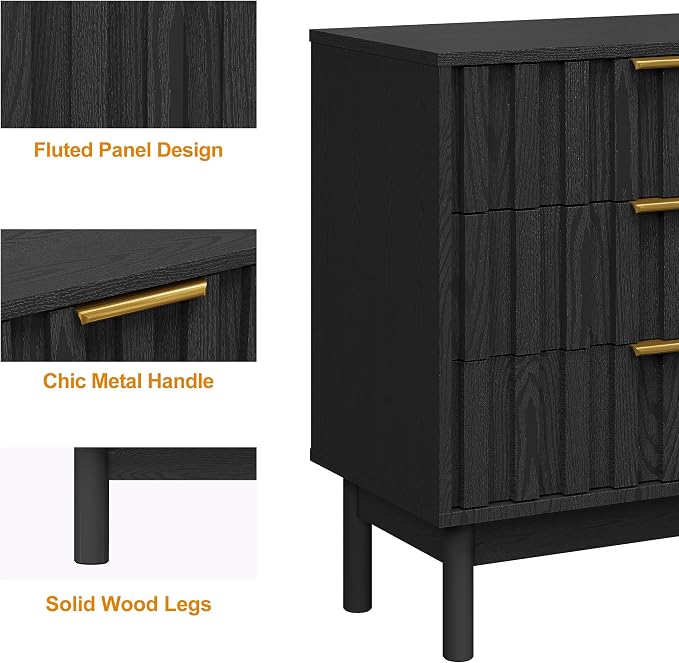 RoyalCraft 3 Drawer Nightstand, Modern Fluted Chest of Drawers, Wooden Storage Night Stand Side Table with Chic Edge Pull, Perfect for Bedroom, Living Room, Entryway, Black - Image 5