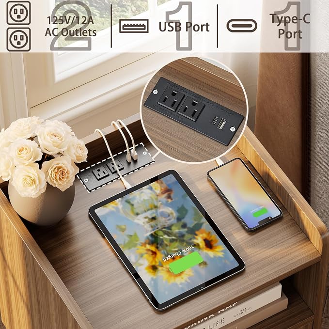 MECHYIN Night Stand Set 2, Nightstands Set of 2 with Charging Station, Rattan Side Tables with Solid Wood Legs, Boho Bedside End Table for Apartment Bedroom Dorm Small Space - Image 4