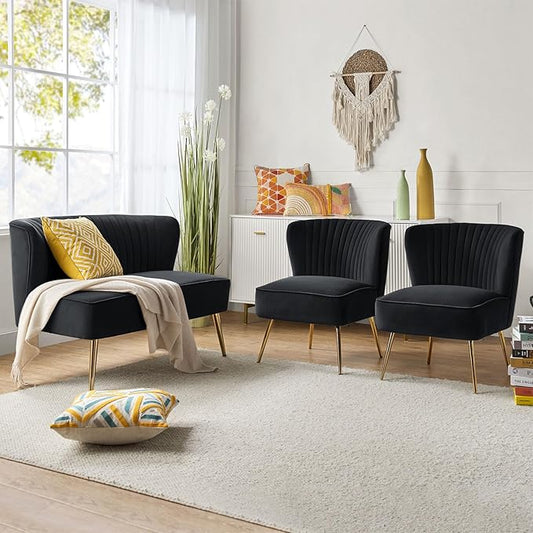 HULALA Home 3 Piece Velvet Living Room Furniture Set, Modern Comfy Upholstered Chair Set with Golden Legs, Include Loveseat & 2 Accent Chairs for Bedroom, Black Tufted 2-Seater Sofa & Armless Chairs