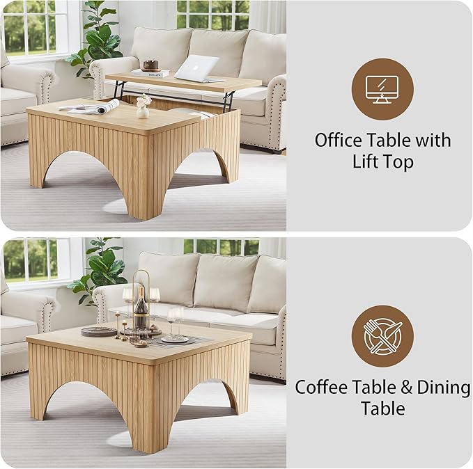 Square Coffee Table, 39'' Large Lift Top Coffee Table with Flip-Top Hidden Compartment Farmhouse Fluted Center Table Wooden Tea Table for Living Room, Apartment, Office (Natural)